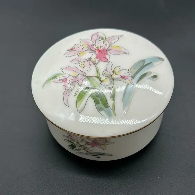 Vintage Japenese Ceramic Orchid Floral Trinket box