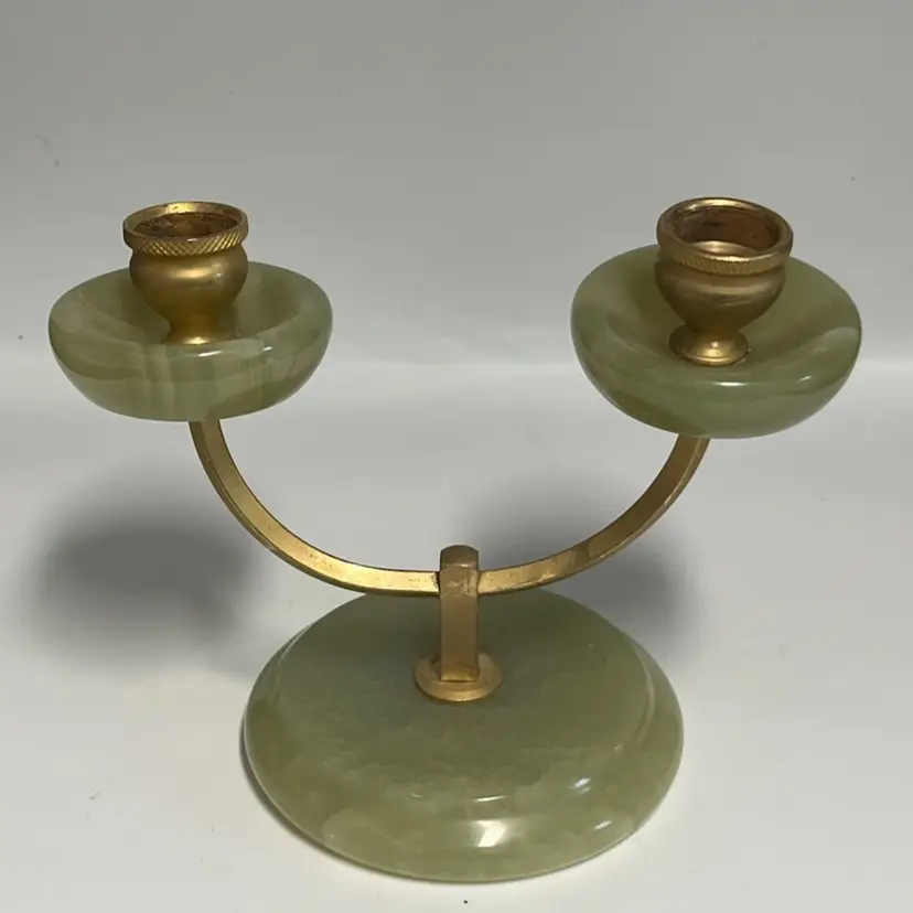 Green Onyx & Brass Vintage Double Arm Candelabra- 6” Wide, 5” Tall