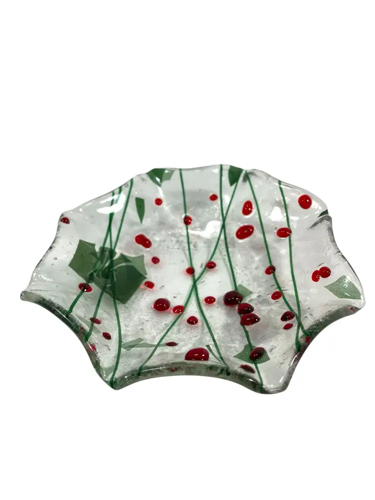 Fused Glass Trinket Candy Dish Red Green Clear Christmas