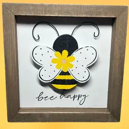 Small Wooden Frame 5” X 5” With Wooden Painted Bee  And Painted Saying “ Bee Happy”