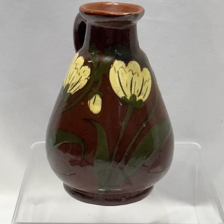 #1593 Vintage Hand Made Pitcher Jug Applied Handle Hand Painted Tulips, Red Clay Terracotta