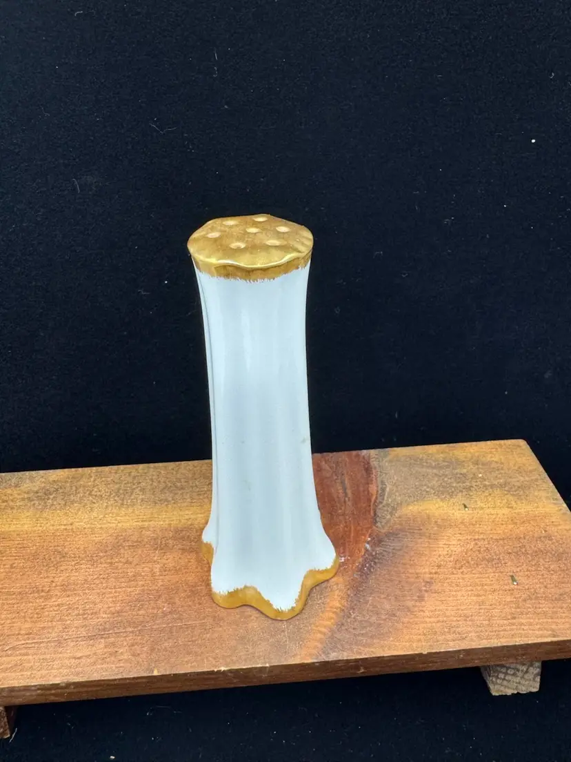 White porcelain shaker with gold trim and perforated top, Germany?, 5”, Would Be Good For Hatpins