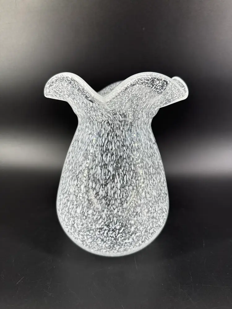 Clear & White stretched Design 7" Glass Vase Ruffled