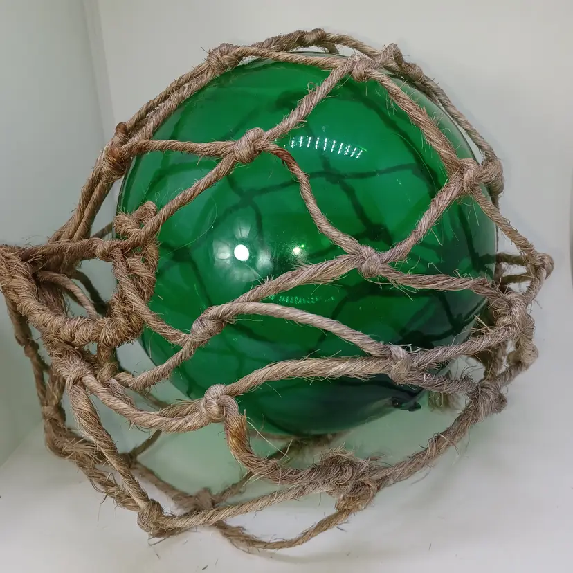 Vintage Japanese Blown Glass Green Fishing Buoy Jute Rope 9 in