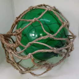 Vintage Japanese Blown Glass Green Fishing Buoy Jute Rope 9 in
