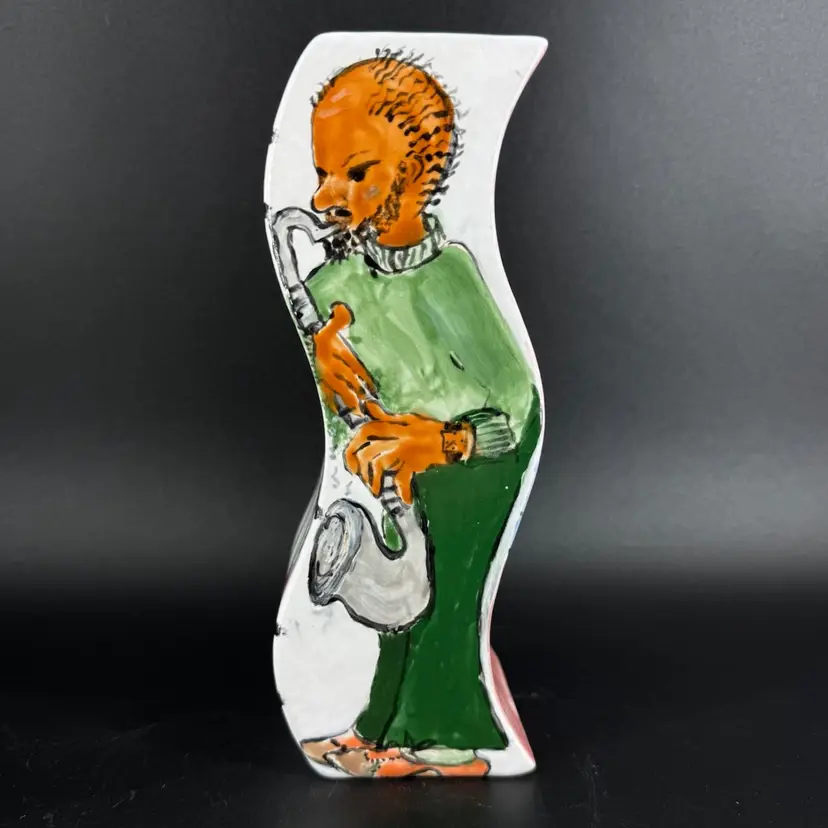 Ceramic Musician Jazz Hand Painted Vase Signed Amelia