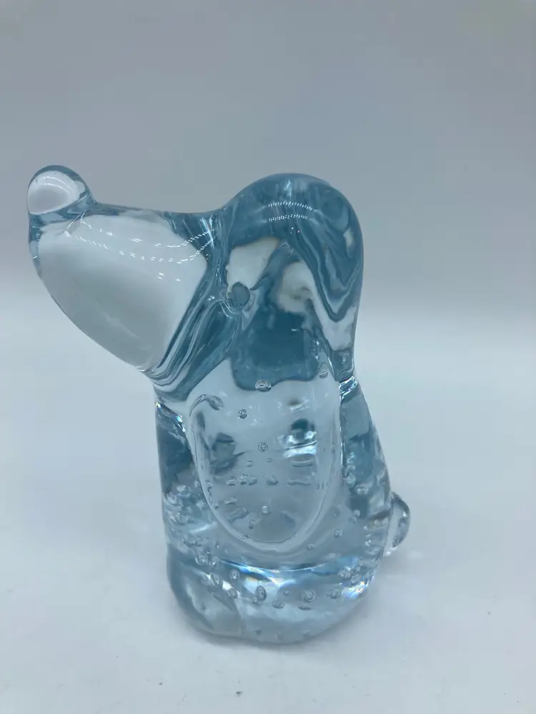 Hand Blown Clear Art Glass, Blue Tint,  W/Bubbles Hound Dog Figurine Paperweight 4" H x 2" L