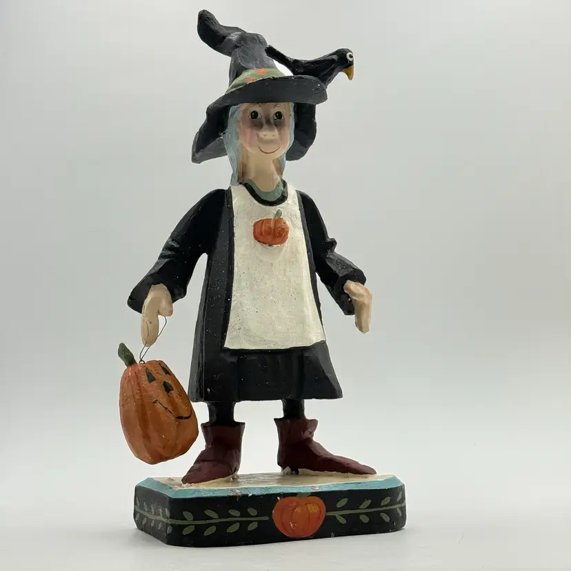 House Of Hatten Halloween Witch Vintage 1993 Resin Figurine With Pumpkin Black Hat & Crow