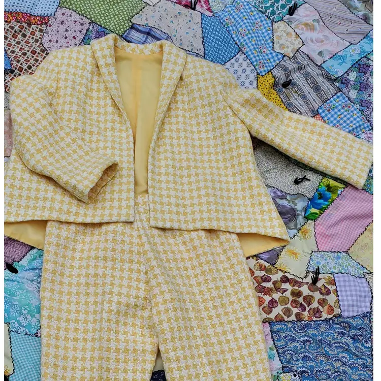 Yellow And White Houndstooth Pantsuit, Classic, Workwear, Tweed, 70'-80's, Jerry Skupa
