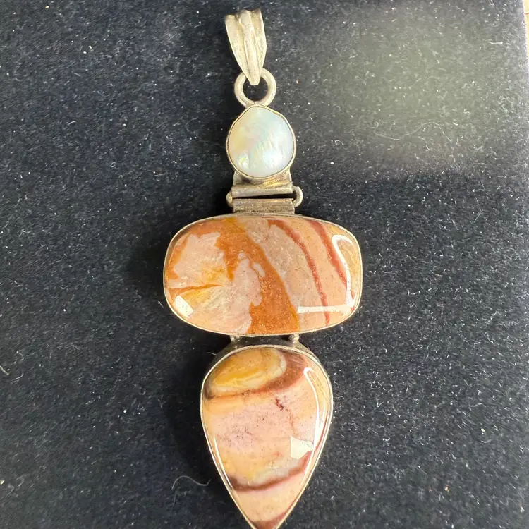 Sterling Silver 3" Pendant Pearl & Jasper Gem Stones Artist Made