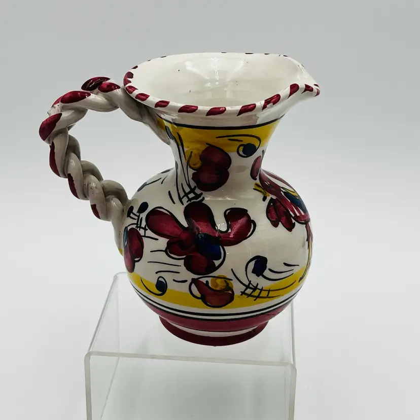 Ceramic Pottery Pitcher Rooster Braided Handle Yellow Red 