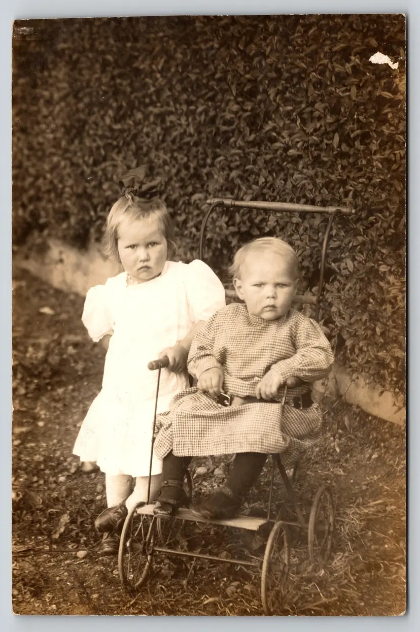 Postcard RPPC Baby in Pram Outside with Older Sister Real Photo Children Baby Carriage  - 9236
