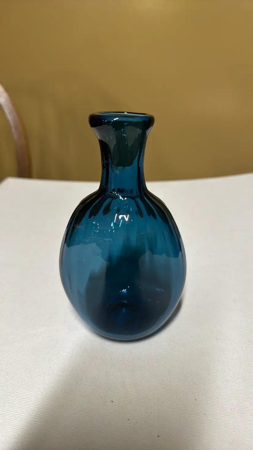BLOWN GLASS blue RIBBED Melon BOTTLE Vase 6” tall