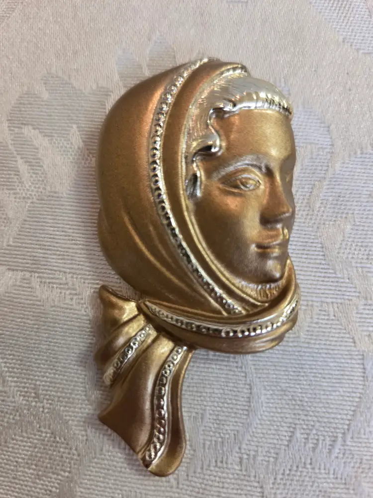 Vintage Two Tone Gold to Metal Art Nouveau Style Woman's Head with Scarf Brooch.