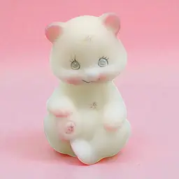 Vtg Fenton White Satin Art Glass Bear Cub w/ Hand Painted Pink Flowers Signed