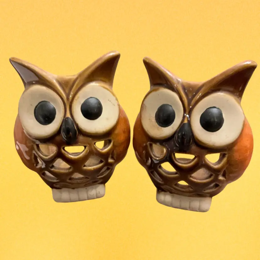 Set Of Two Vintage Ceramic Owl Tea Light/Votive Candle Holder 4” x 3.5”