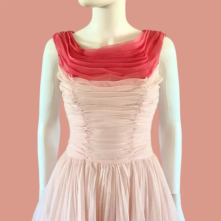 Vintage 1950's Pink Pleated Organza Fit & Flare Party Gown Prom Dress Fits XS-XS/S