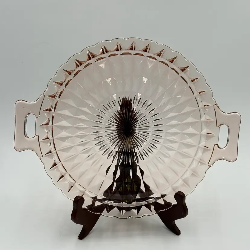 Jeanette Depression Glass Vintage Pink Windsor Diamond Pattern Handled Cake Appetizer Plate