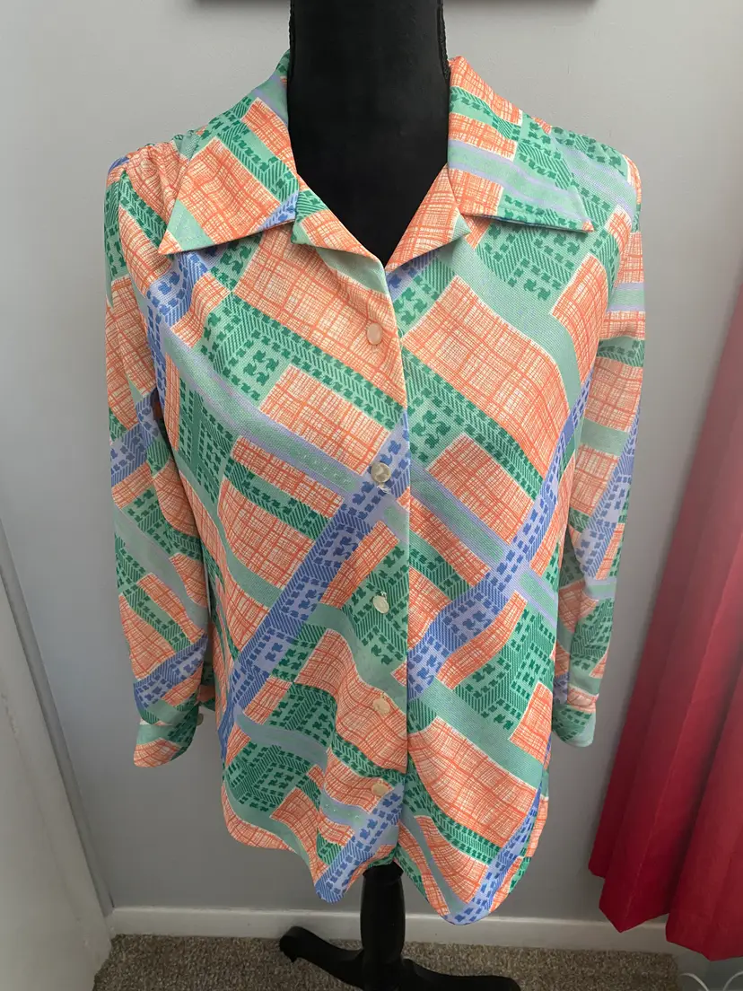 Vintage Handmade Polyester Blue, Green, Orange Abstract Plaid Long Sleeve Blouse Large