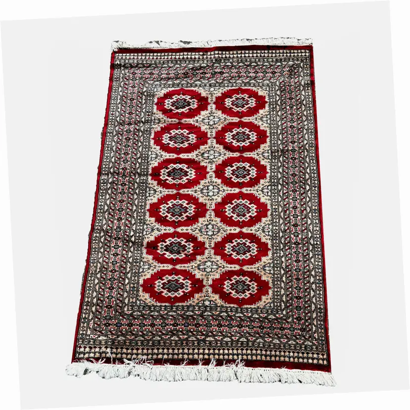 Hand Knotted Wool Area Rug Made Pakistan Red Oriental Medallion Fringe Vintage