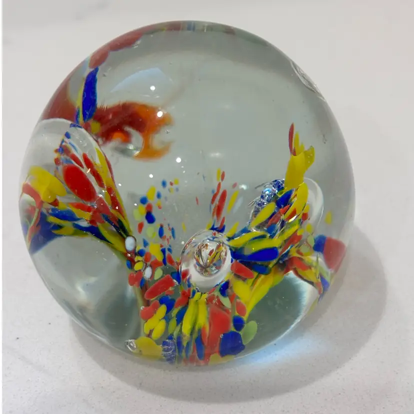 # 42: Art Glass Paperweight With Multi Colored Swirls Blue Green Yellow
