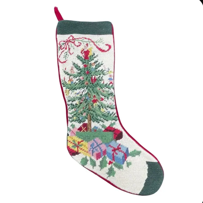 Needlepoint Stocking Christmas Tree Santa Topper Gifts Vintage Holiday Decor 18"