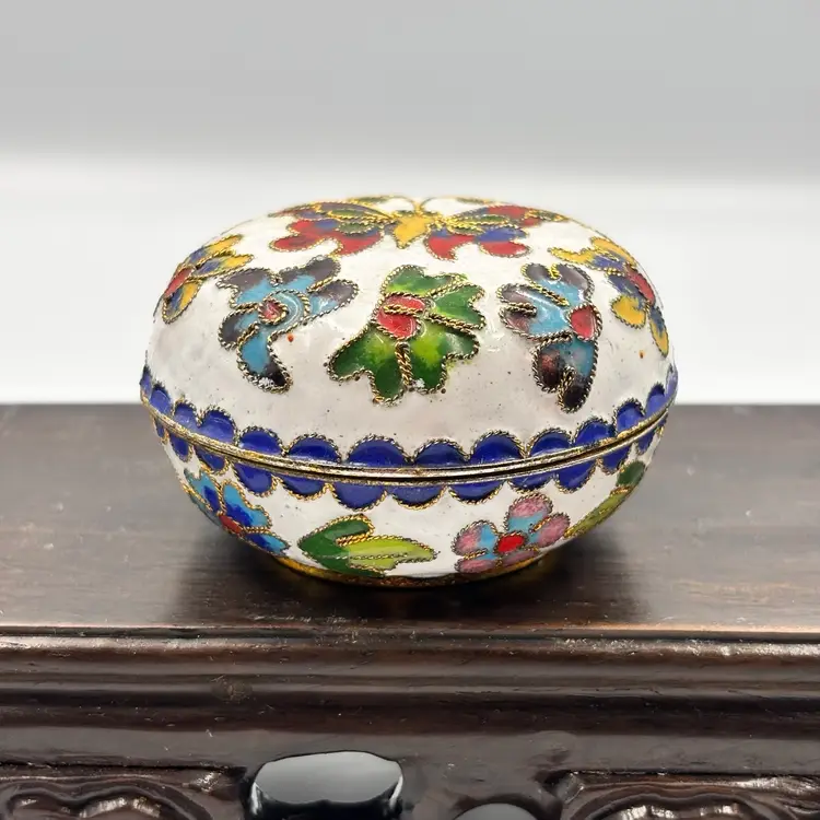 Round Butterfly Cloisonné Enamel Trinket Box 1.5”x2.5”