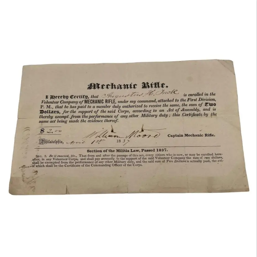 1837 Volunteer Company of Mechanic Rifle Pennsylvania Militia Payment Receipt
