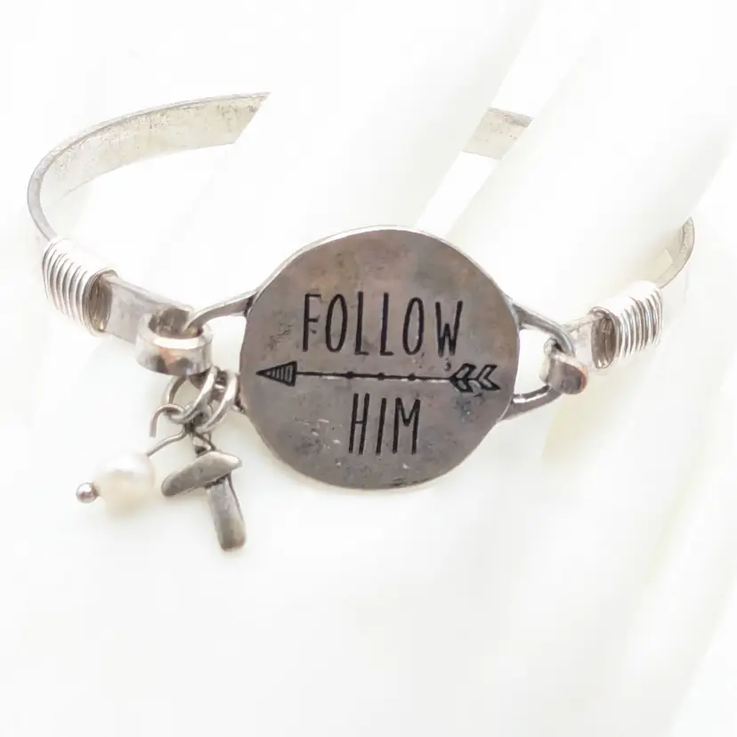 Silver Tone "Follow Him" Bangle Bracelet Religious READ