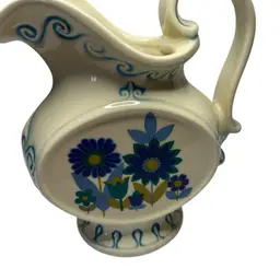 Vintage McCoy Nelson Pottery Pitcher Cream Glaze With blue Floral And Scroll Pattern Much Crazing @7 X 7 1/2x4