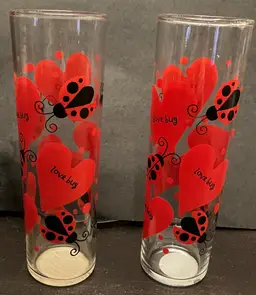 Pair of Indiana Glass Heart Ladybug Lovebug Tall Cylindrical Glasses Vases