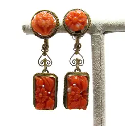 Amazing Gilt Sterling Carved Coral Earrings Screw On/Back Salmon/Red Dangle Ex