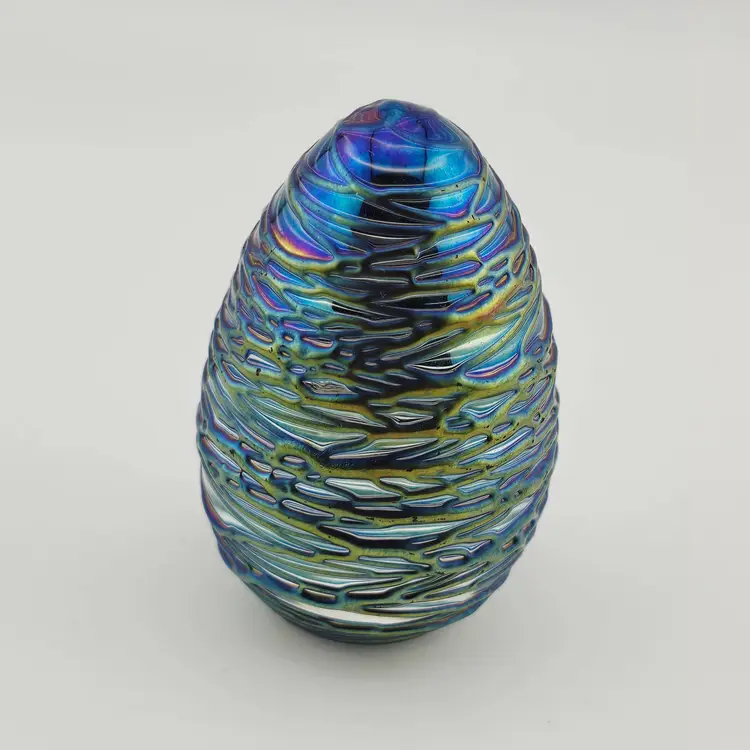 Vintage 1988 Glass Eye Studio Iridescent Threaded Egg Shape Paperweight