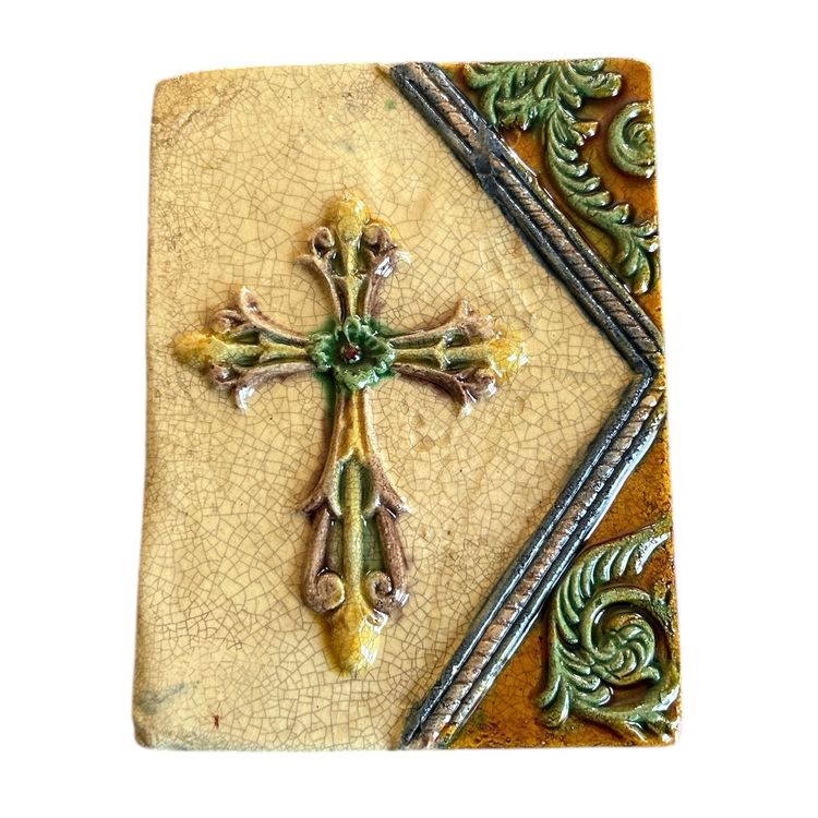 Vintage Glazed Clay Slab Multicolor Cross with Flourishes Wall Decor
