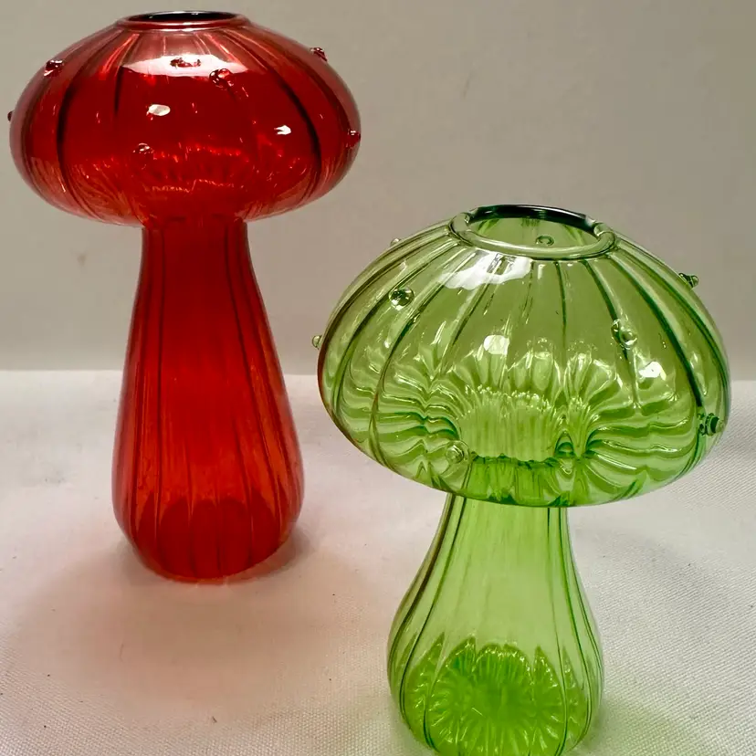 Glass Mushroom Propagation Vases, Flower Vase Cottagecore Room Green & Red