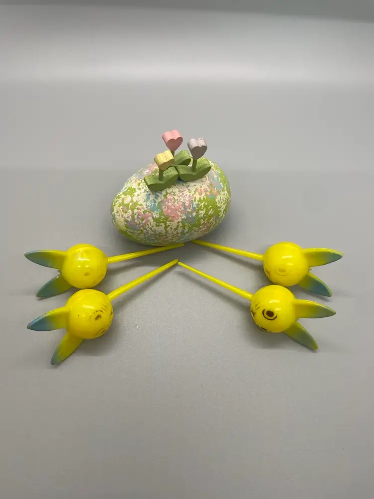 Easter Vintage Bunny Picks And Hand Painted Wood Egg