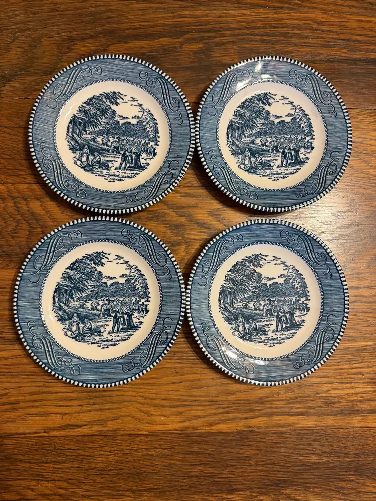 Vintage Blue Transferware Bread Plates – Set of 4 | 6” Colonial Courting Scene | Mid-Century Farmhouse Decor – Free Shipping