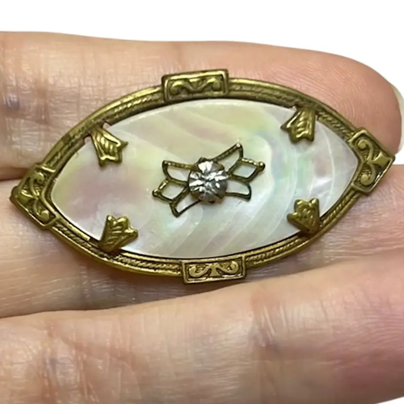 Antique Edwardian Mother Of Pearl C Clasp Brooch w/ Rhinestone 1.5” Goldtone