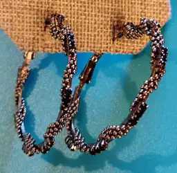 Silver and Black Hoops, 2inch, Omega Back, Black rhinestones with silver beaded twist