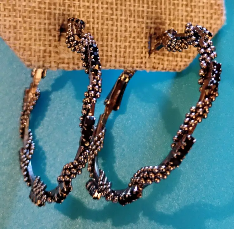 Silver and Black Hoops, 2inch, Omega Back, Black rhinestones with silver beaded twist