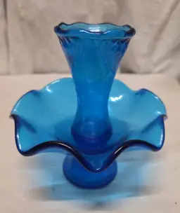 Vintage Empoli Blue Glass Epergne Single Horn Ruffled Bowl Vase Italy