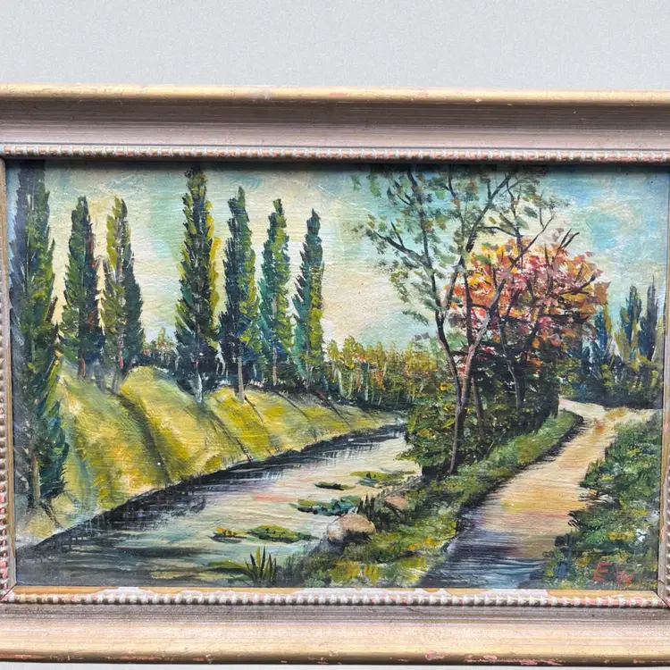 Vintage Original Oil Painting On Board,Country River Landscape Signed EW 10”x7”