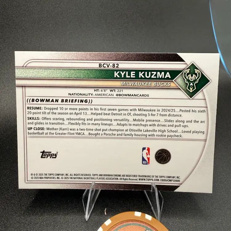 Kyle Kuzma #/150 2025-26 Bowman Basketball Milwaukee Bucks