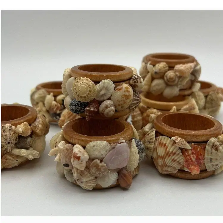 Set 8 Vtg Miniature Mixed Sea Shell Wood Napkin Rings Beach Ocean Nautical Boho