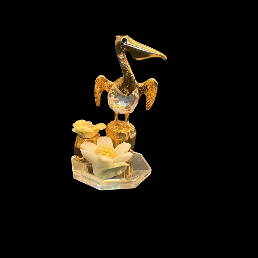 Miniature Gold Plated Pelican On A Crystal Base With Porcelain Flowers