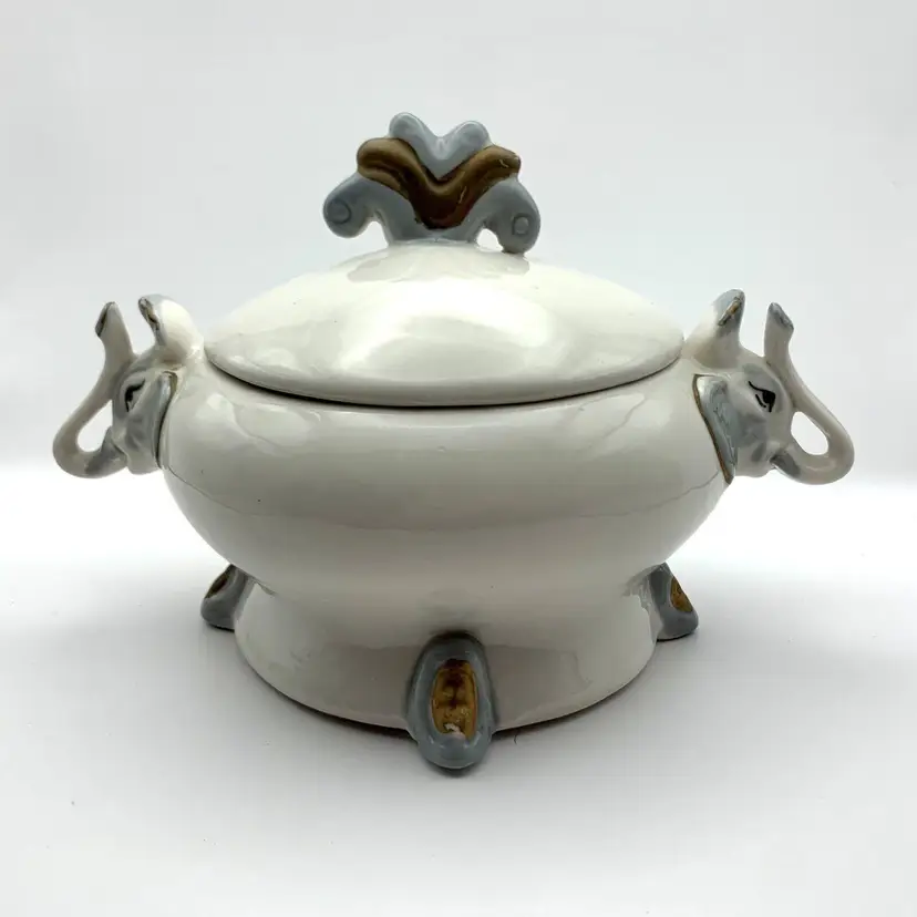 VINTAGE ELEPHANT HEAD HANDLE BOWL & LID HANDPAINTED PORCELAIN GOLD DETAIL UNIQUE