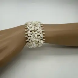 Vintage Woven Faux Biwa Mother Of Pearl Chip Cuff Bracelet Adjustable