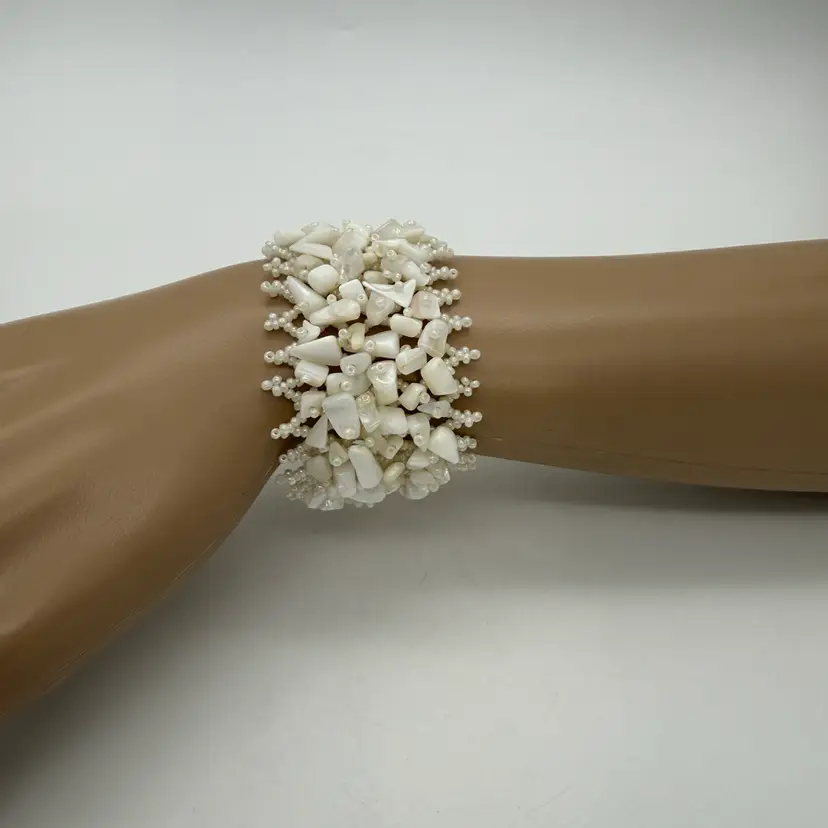 Vintage Woven Faux Biwa Mother Of Pearl Chip Cuff Bracelet Adjustable