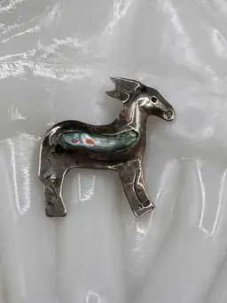 Marked Taxco Mexico 925 Silver & Abalone Inlay Donkey Brooch Pin 1”🫏