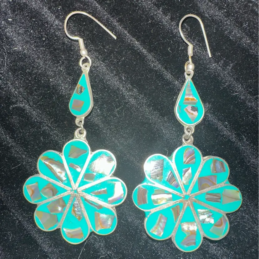 Alpaca Mexico Turquoise & Abalone Shell Pierced Dangle Earrings